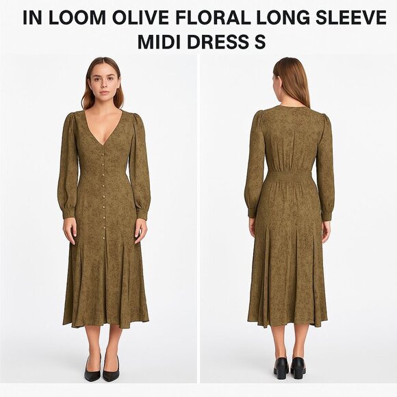 In Bloom Dresses & Skirts - IN LOOM OLIVE FLORAL LONG SLEEVE MIDI DRESS S